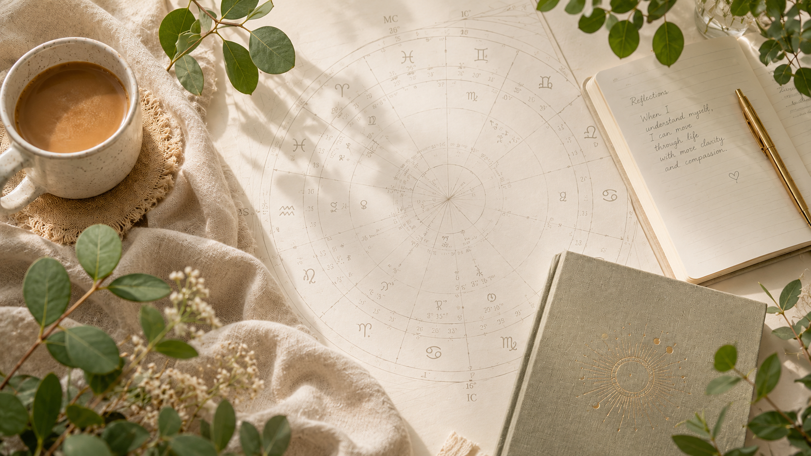 Birth chart, journal and coffee representing a psychological astrology insight session.